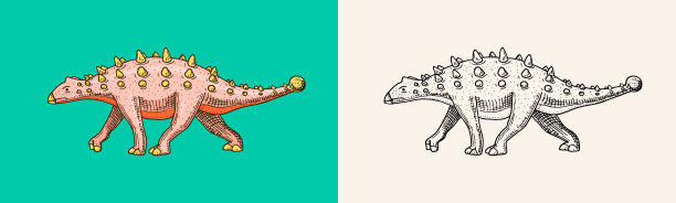 恐龙甲龙，Talarurus，真头龙，Saltasaurus，侏罗纪。雕刻的古董手绘草图为t恤打印或海报图片下载