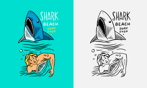 这个人游离了鲨鱼。夏天冲浪的迹象。加州的名片。冲浪板、海滩和大海上的复古冲浪人。手工雕刻的徽章图片下载