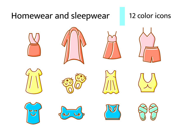 家居和睡衣的平面图标设置。舒适的衣服。舒适的服装。颜色的象征。孤立的矢量图图片下载