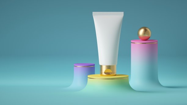 3d渲染，白色化妆品奶油管金色的帽子和彩色的底座，孤立在蓝色的背景。现代的最小模型。美容产品演示图片下载