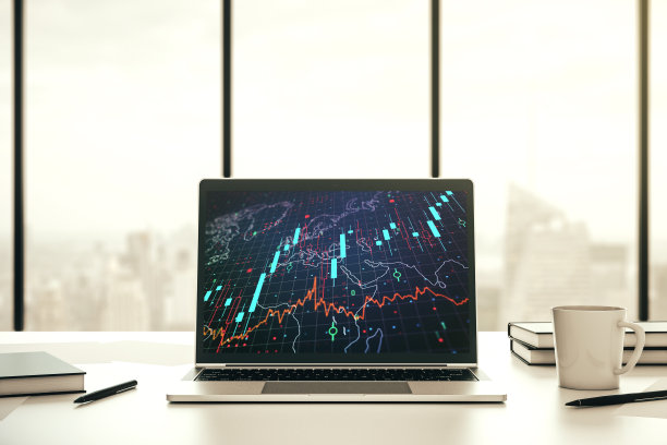 现代电脑屏幕与抽象的创意财务图表与世界地图，研究和分析的概念。三维渲染图片下载