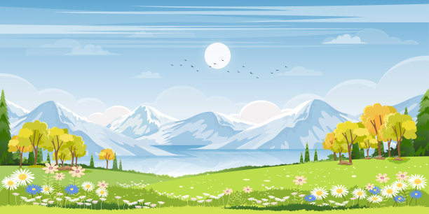 全景的春天村与绿色草地与蓝天的小山，矢量卡通春天或夏天的景观，全景乡村景观山与野花的田野图片下载