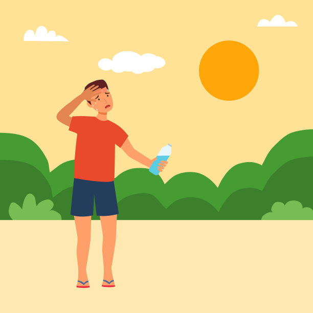 年轻人拿着一瓶水在炎热的天气平面设计。烈日炎炎的夏日。图片下载