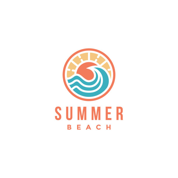 抽象夏季海滩，太阳和蓝色波浪图标矢量白色背景图片下载