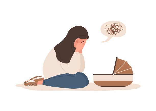 产后抑郁症。疲倦的阿拉伯妇女俯身看着刚出生的婴儿，用手捂着脸。年轻的母亲需要心理帮助。情绪障碍。矢量插图在平面卡通风格图片下载