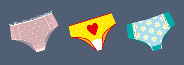 时尚女性内衣，内衣套装。粉色透明内裤，黄色心形内裤，印花内裤。平面卡通彩色矢量插图孤立在蓝色的背景。图片下载