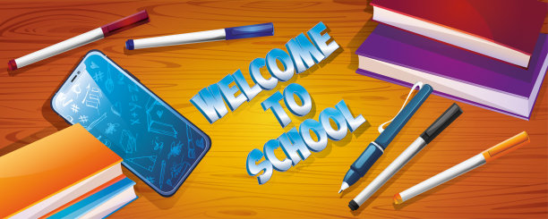 回学校!手机和文具，写字台的背景上有手绘图。创意海报或横幅。图片下载