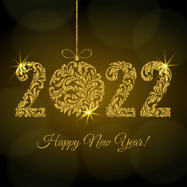 2022年新年快乐。数字和圣诞球从花卉装饰与金光闪闪和火花在黑暗的背景与散景。豪华的设计图片下载