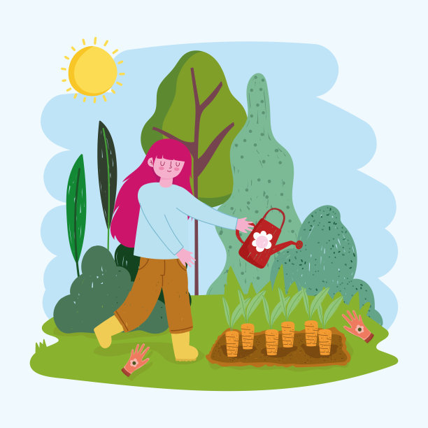 女孩给胡萝卜浇水图片下载