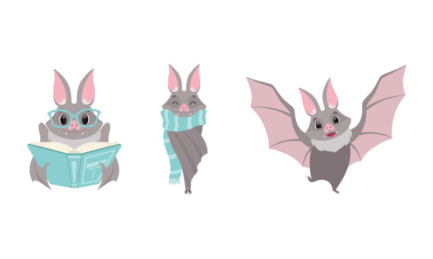 有趣的灰色蝙蝠与可爱的鼻子读书和戴围巾向量集图片下载