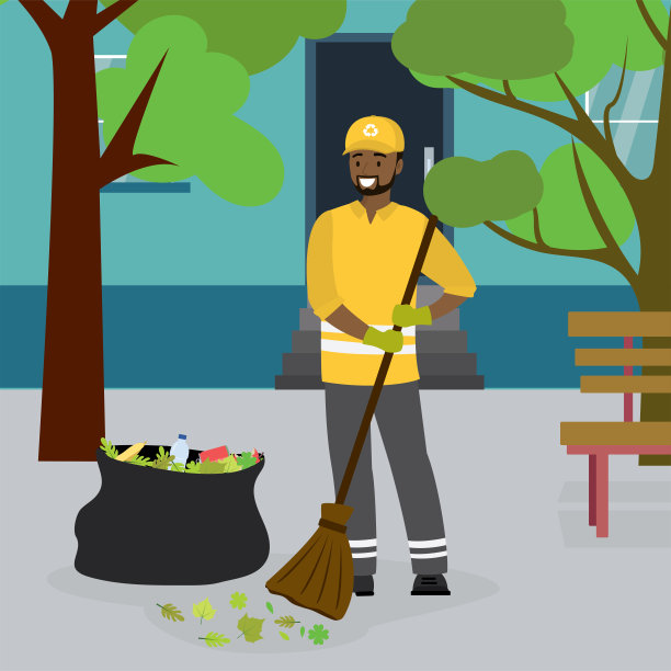 垃圾工和装垃圾的垃圾袋。城市街道上穿着制服的非裔美国男性工人形象。卡通人物用扫帚扫树叶。图片下载