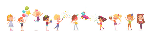 生日快乐，孩子们在派对现场庆祝。可爱的孩子与气球，蛋糕，五彩纸屑，礼物矢量插图。小男孩和小女孩在白色的背景上微笑和跳跃图片下载