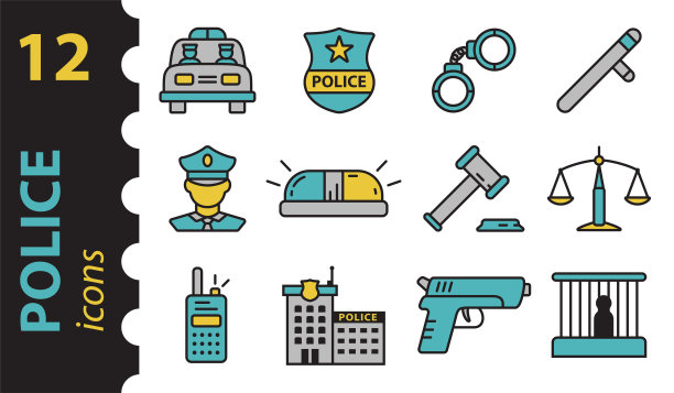 警察图标的颜色。向量线性符号的集合。图片下载