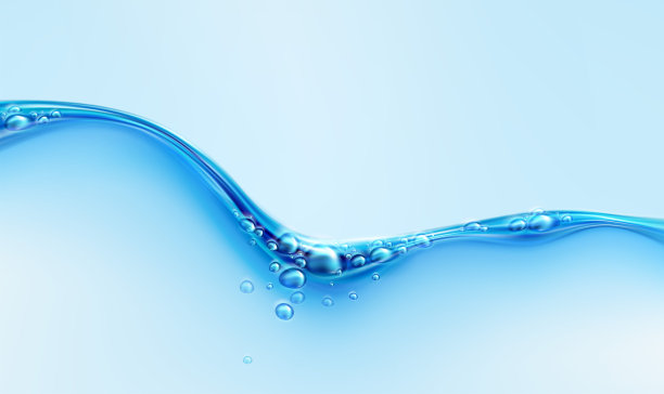 蓝色透明的水浪溅与气泡孤立在蓝色背景。真正的透明水效果。矢量图图片下载