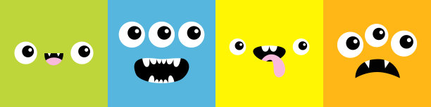 怪物方头线图标集。Boo幽灵尖叫微笑悲伤的脸情绪。三只眼睛，舌头，牙齿，牙齿，老鼠。万圣节快乐卡。平面设计风格。白色背景。图片下载