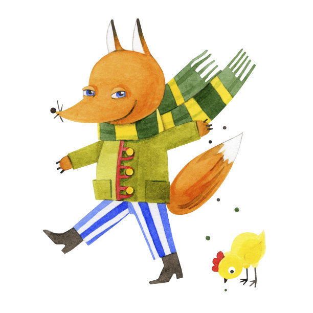 狐狸和小鸡。一只狡猾有趣的狐狸在喂一只愚蠢可爱的小鸡。手绘水彩插图在白色的背景。设计元素明信片，包装，纺织品，印刷，和横幅。图片下载