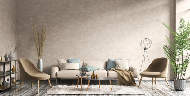 现代公寓室内设计。舒适的客厅，灰色沙发，咖啡桌和扶手椅在灰泥墙上。家。3 d渲染图片下载