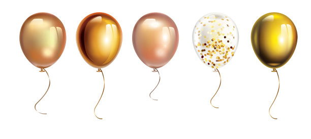 金色的气球被隔离在白色上。透明气球与金色的五彩纸屑。充气气球飞行逼真的三维矢量插图。图片下载
