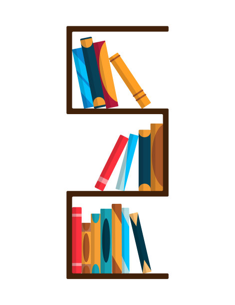 书架上有五颜六色的书。回到学校，教育学习墙的概念。图书馆内部元素。平面读物插图图片下载