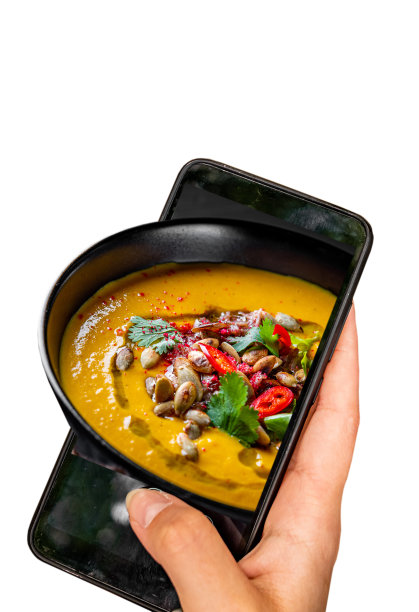 汤从智能手机隔离在白色背景。食品外卖图片下载