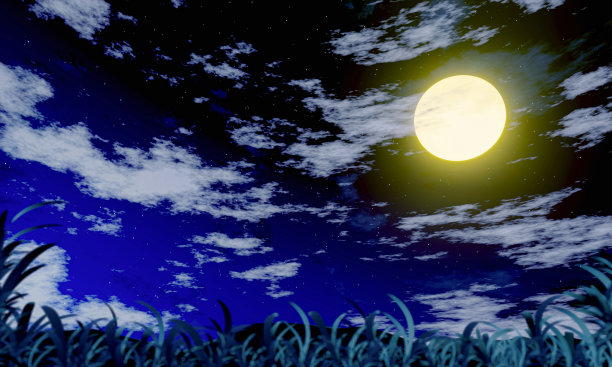 金灿灿的满月明亮地照耀着天空，天上有许多星星，还有几朵白云掠过。夜晚的自然风景，草地和山脉。三维渲染图片下载