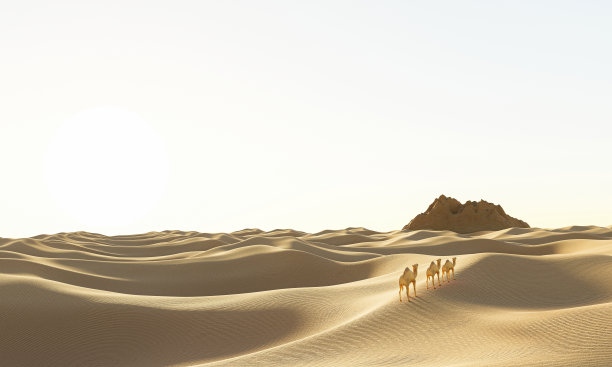 浩瀚的沙漠大自然的波涛。沙漠中有砂岩山和行走的骆驼。白天沙漠里的太阳很热。三维渲染图片下载