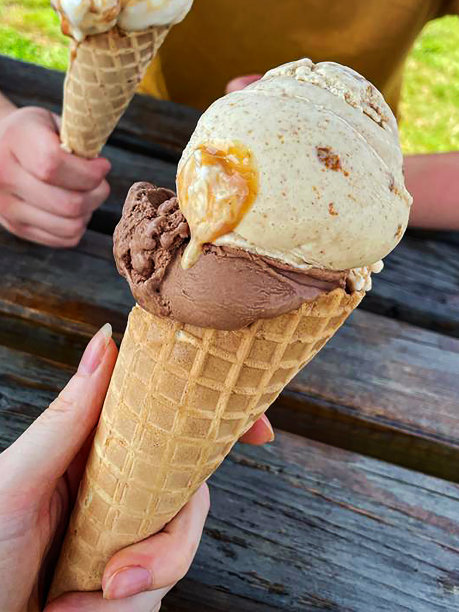 特写照片上的人拿着华夫饼，冰淇淋甜筒里有两勺巧克力和咸味焦糖冰淇淋，一对夫妇坐在公园长凳上，阳光灿烂，聚焦前景图片下载