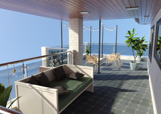 3D插图现代住宅露台图片下载