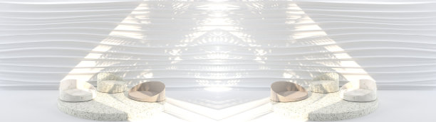 圆形大理石平台的3D渲染，金色的边框，阳光将白色的墙壁照成带有树叶阴影的波浪场景。底座可用于商业广告，隔离在白色背景上。图片下载