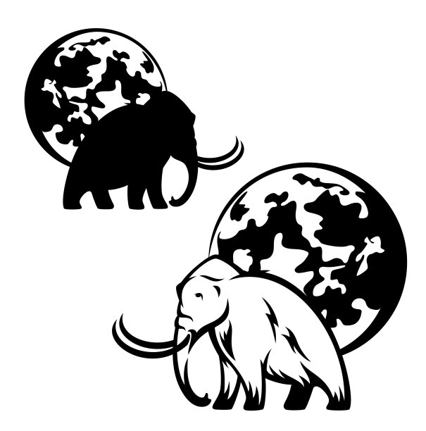 冰河世纪猛犸和满月的黑白矢量设计图片下载