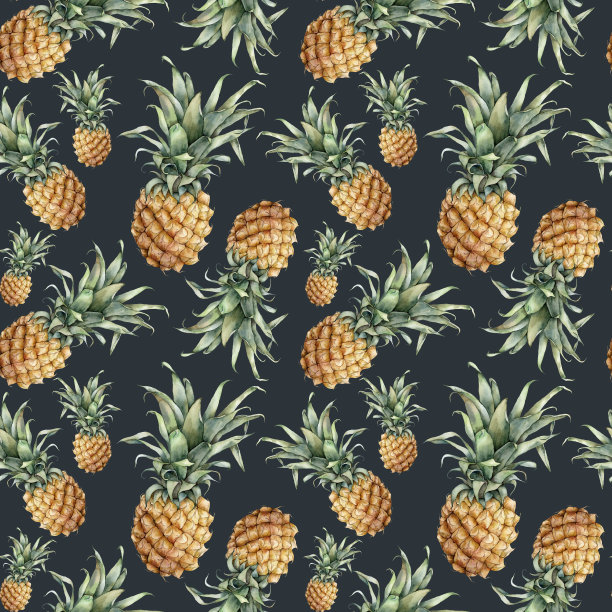 水彩无缝模式与成熟的菠萝。手绘热带水果与叶子孤立在黑色背景。植物食物插图的设计，印刷，织物，室内或背景。图片下载