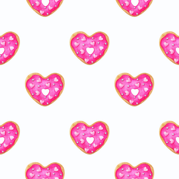 带粉色糖霜的甜甜圈。心形饼干的水彩画图案。无缝模式上的白色背景。印刷织物，纺织品，文具，纸张和任何设计图片下载