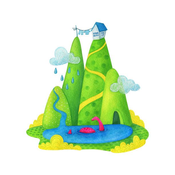 卡通景观，山上有房子，湖里有粉红色的恐龙。神奇的自然和明亮的怪物。白色背景上的孩子们的童话图案。水彩画插图图片下载