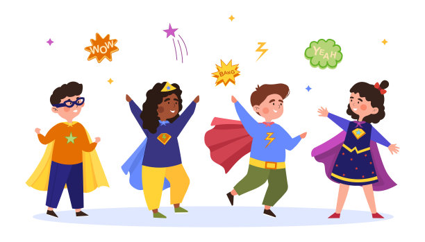 快乐的孩子们穿着五颜六色的超级英雄服装图片下载