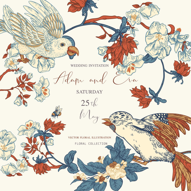 复古向量鸟与鲜花贺卡。自然花卉插图，花卉盛开的纹理图片下载