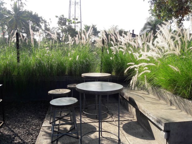 照片中的桌子和椅子在花园与杂草的背景图片下载