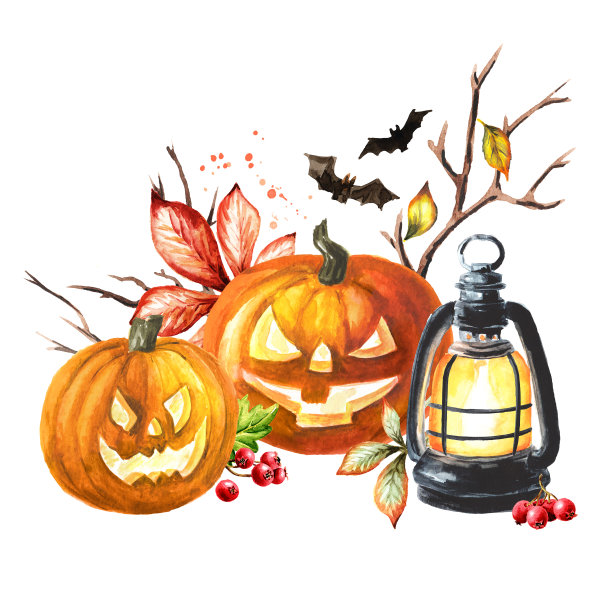 万圣节南瓜灯和秋天的树叶。手绘水彩插图，孤立在白色背景图片下载