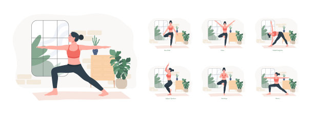 瑜伽姿势设置年轻女子练习瑜伽的姿势图片下载