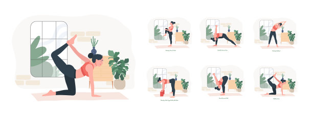 瑜伽姿势设置年轻女子练习瑜伽的姿势图片下载