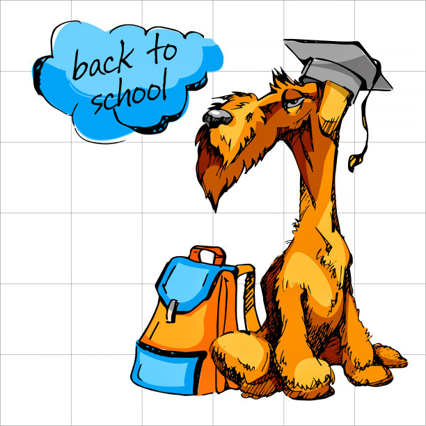 回学校!在笔记本纸的背景上徒手画一只狗。创意海报或横幅。图片下载