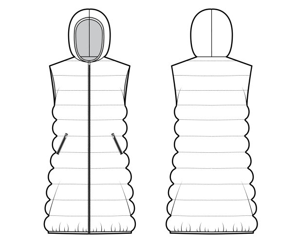 羽绒背心羽绒背心技术时尚插图与帽衫衣领拉链关闭，宽松的身体，经典绗缝图片下载