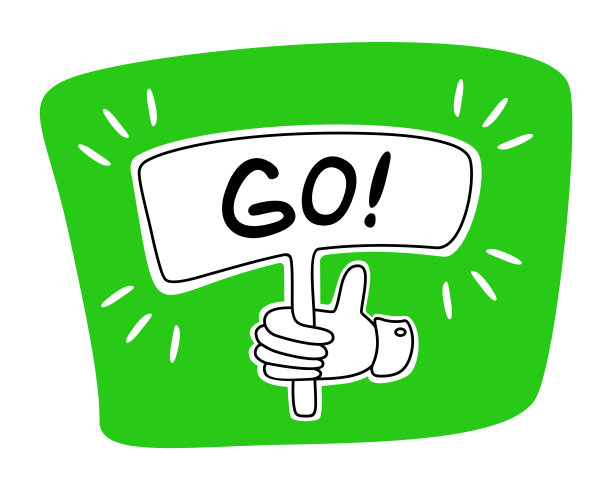 指针。一只手举着一个绿色背景的牌子，上面写着go。轮廓。平面向量插图。图片下载