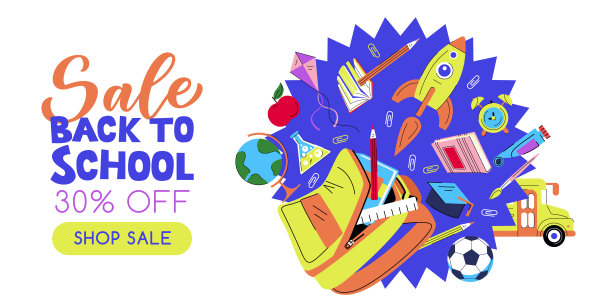 打开书包，火箭，书，铅笔。矢量漫画插图为回学校销售横幅海报设计图片下载