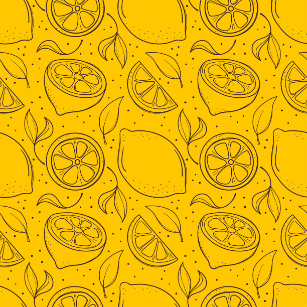 手绘黄色无缝背景与柠檬和树叶图片下载