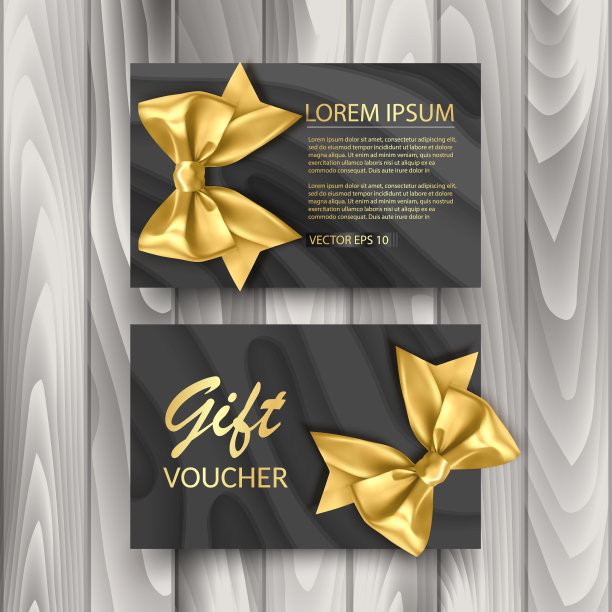一套礼品券卡模板，广告或销售。模板与闪光纹理和现实的弓插图，矢量eps 10图片下载