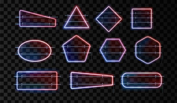 一套蓝色和红色的霓虹灯框架。光边界线。背景光模板。3 d边界灯泡。发光旗帜模板。图片下载