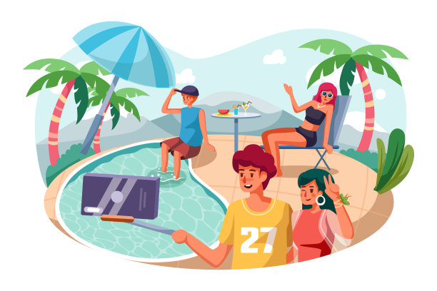 年轻情侣在泳池边自拍边玩图片下载