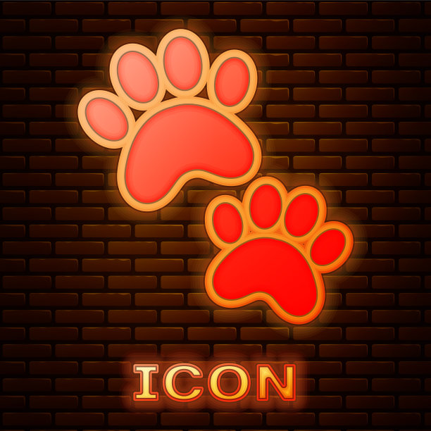 发光的霓虹灯爪印图标孤立在砖墙图片下载