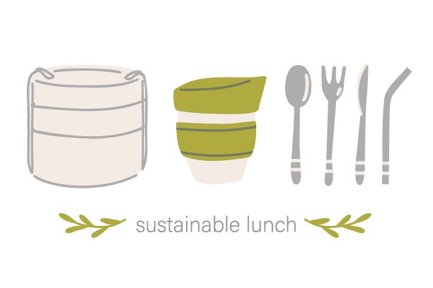 可持续的午餐容器，咖啡杯和餐具。可持续的厨房和零浪费的生活方式。生态生活的概念。向量的卡通插图图片下载