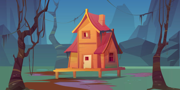 夏季森林中的木桩房。向量图片下载